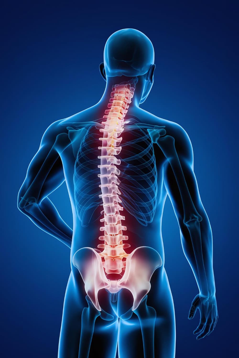 Spine and lower back anatomy highlighting areas treated in spine surgery